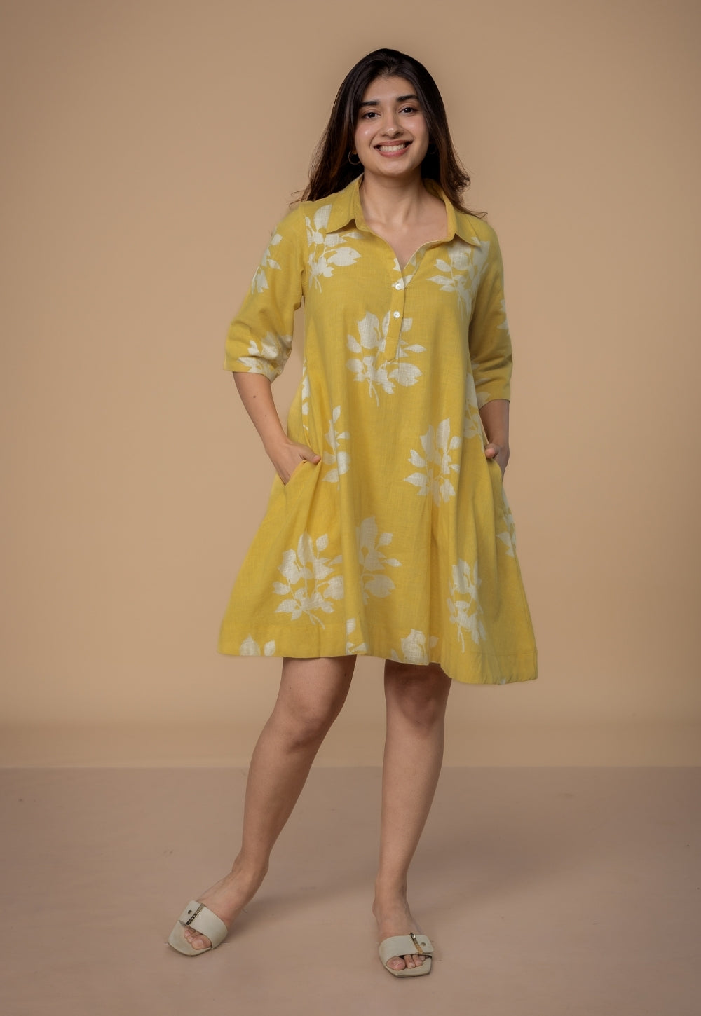 Srisha Yellow Dabu Slub Cotton A Line Dress