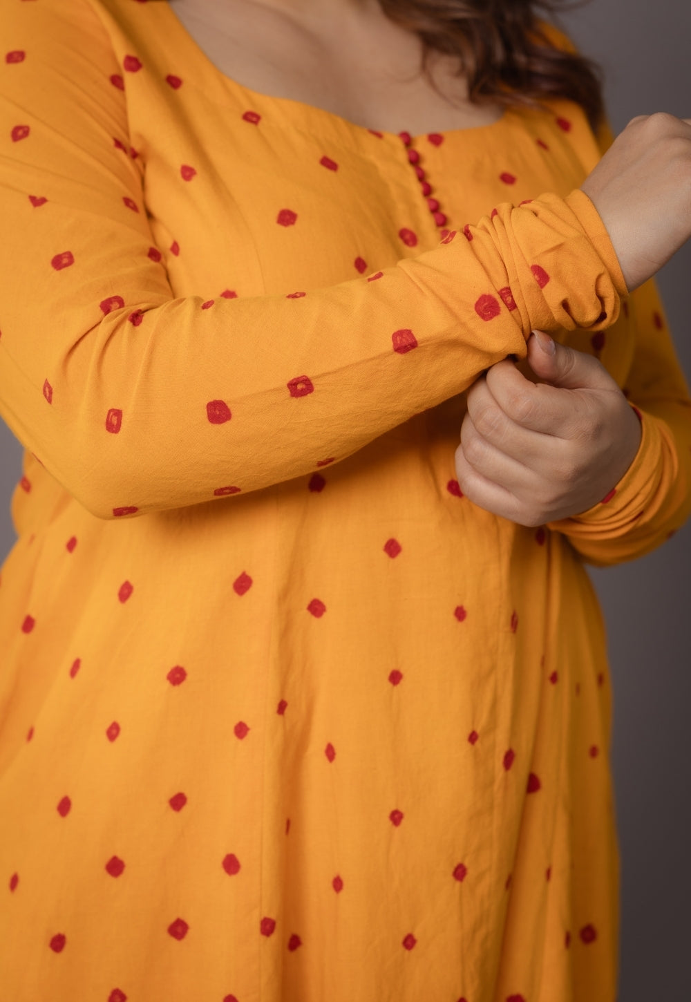 Akrita Yellow Bandhani Cotton Kali Suit Set (Set of 3)