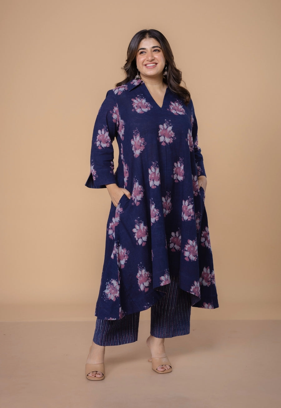 Simran Purple Dabu Slub Cotton A Line Kurta