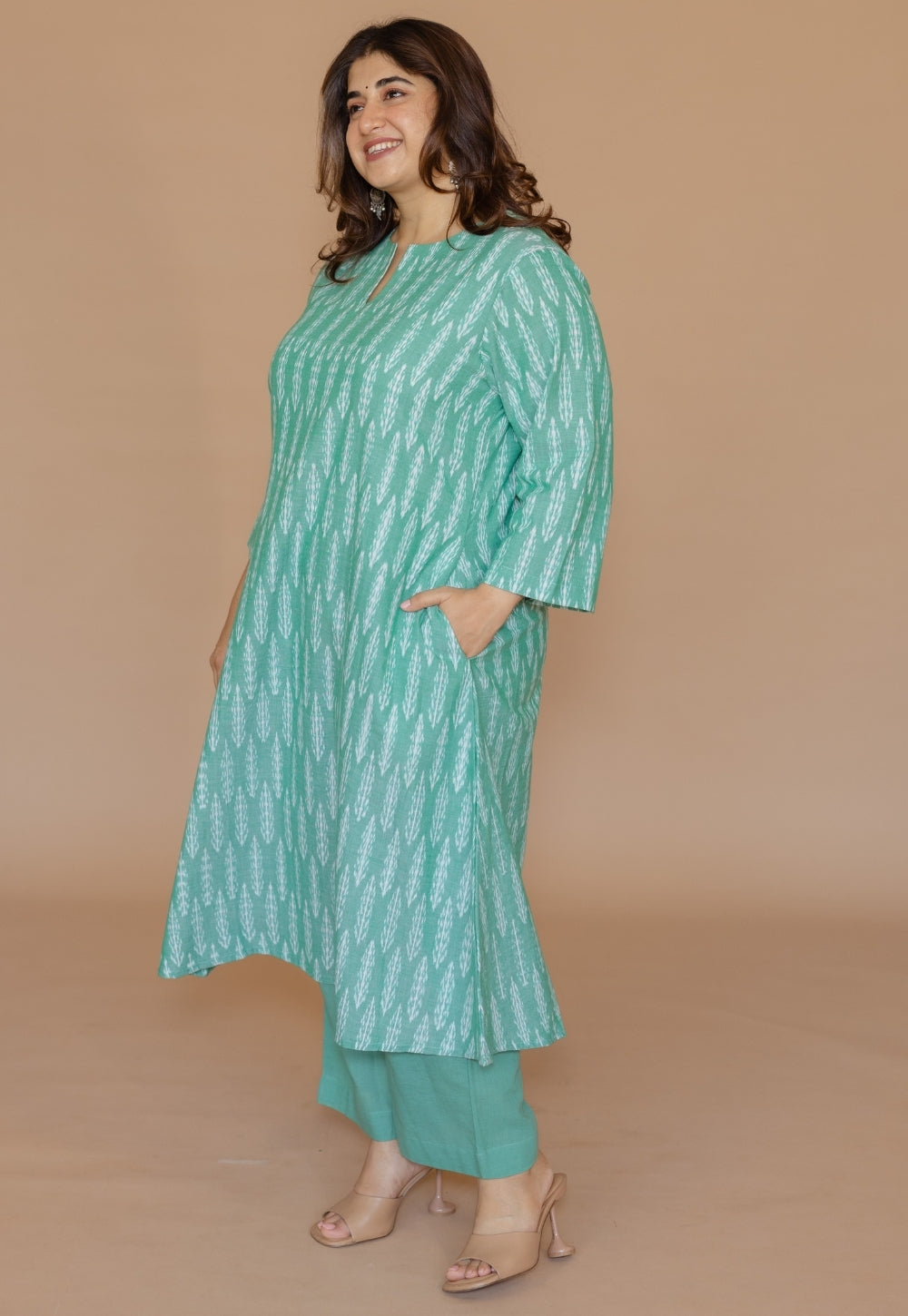 Geet Green Handloom Ikkat Cotton A Line Kurta