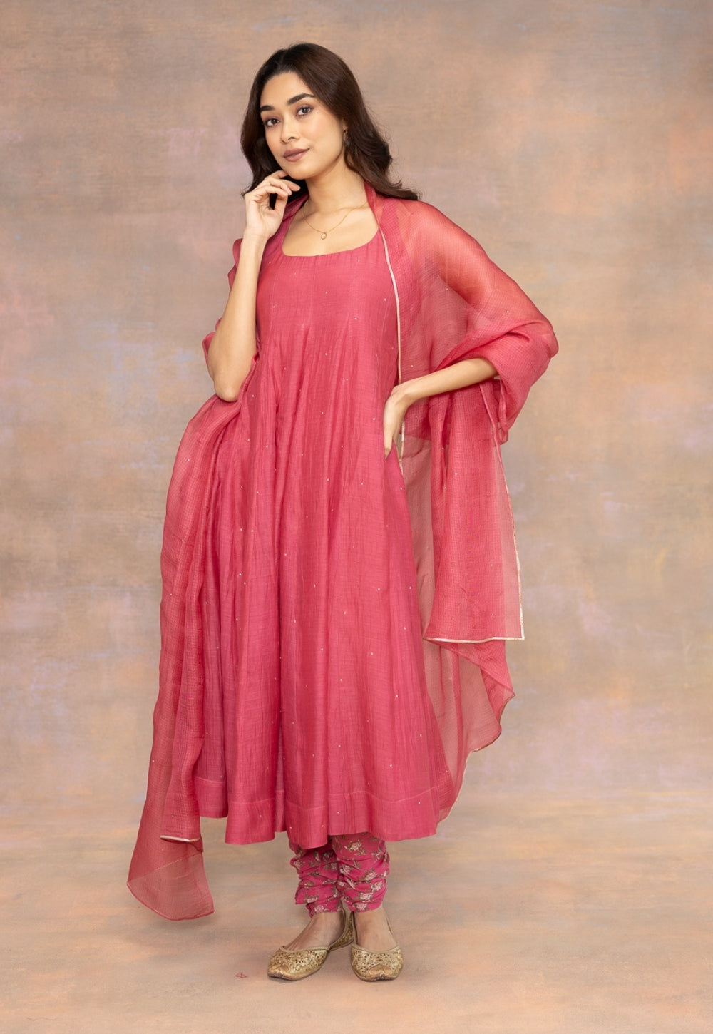 Gul Pink Solid Chanderi Silk Kali Kurta with Mukaish Detailing