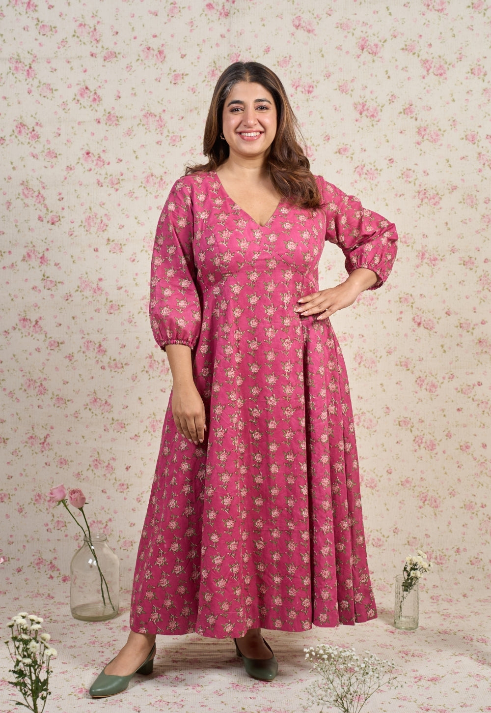 Julia Pink Sanganeri Mul Cotton A Line Dress