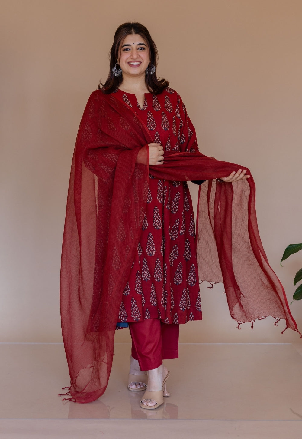 Nyra Red Ajrakh Cotton Jhabbha Kali Kurta