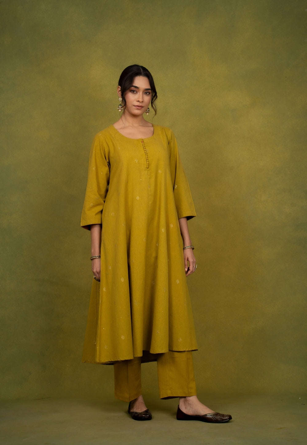 Maryam Yellow Rogan Handblock Printed Cotton Kali Kurta Suit Set (Set of 3)