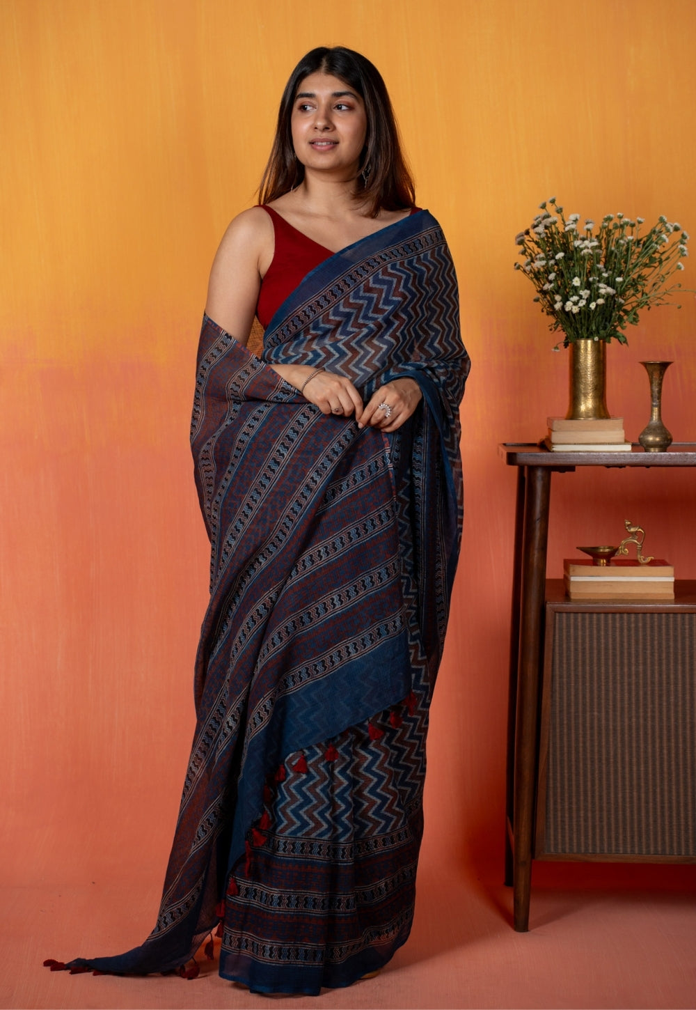 Blue Chevron Ajrakh Hand Block Print Kota Doria Cotton Saree