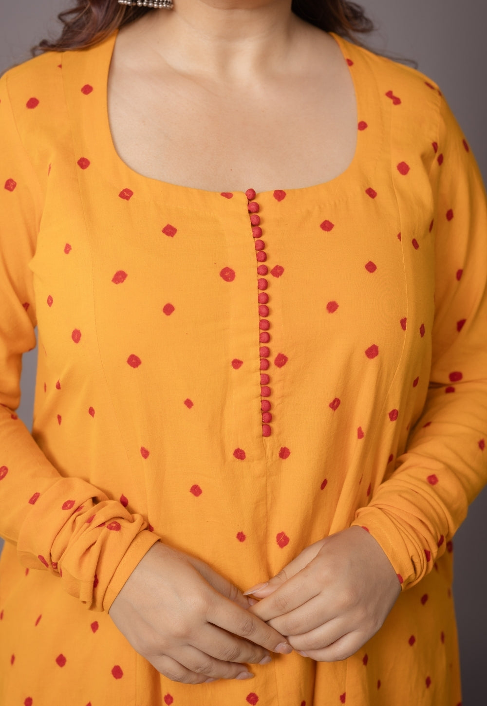 Akrita Yellow Bandhani Cotton Kali Suit Set (Set of 3)