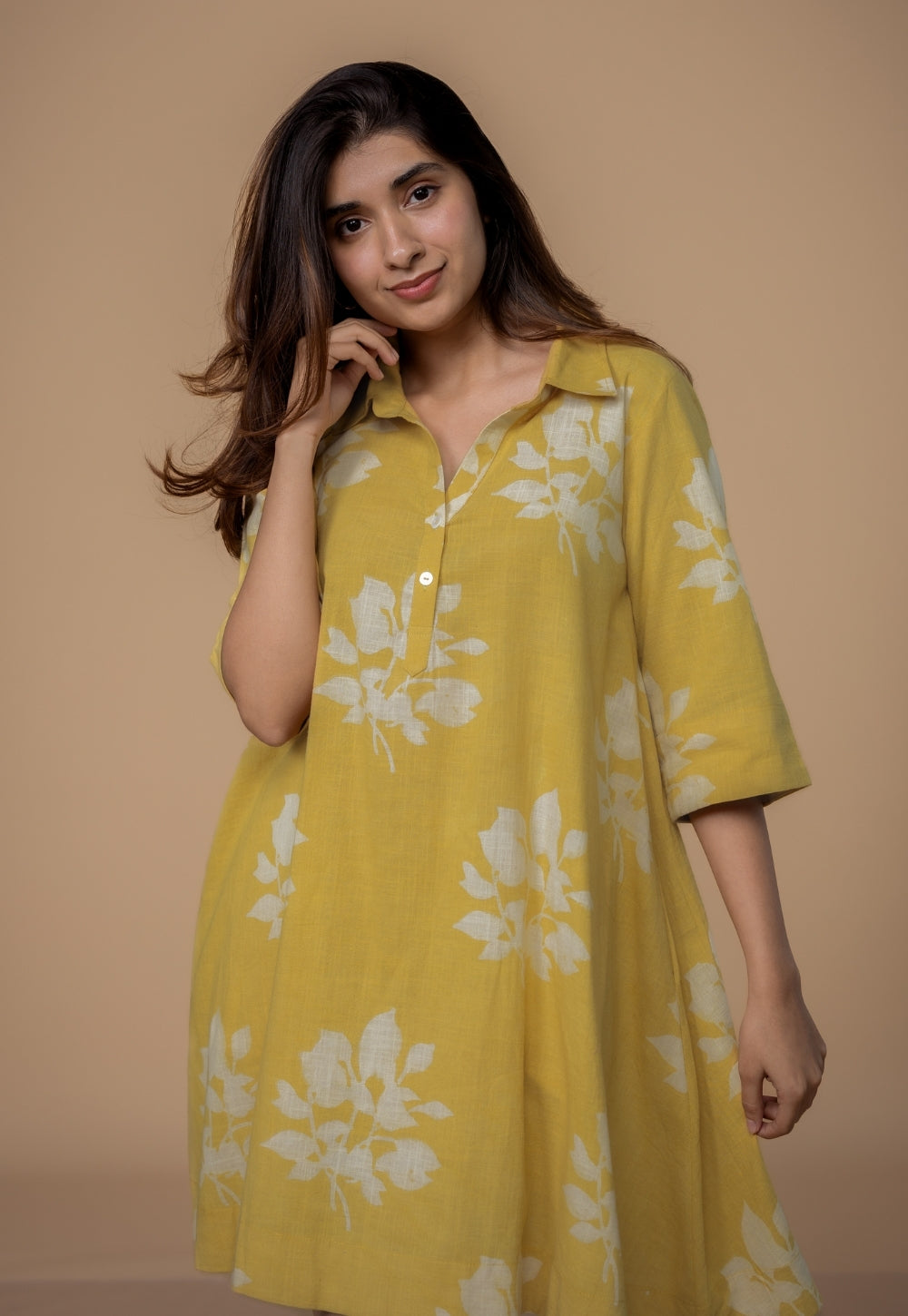 Srisha Yellow Dabu Slub Cotton A Line Dress