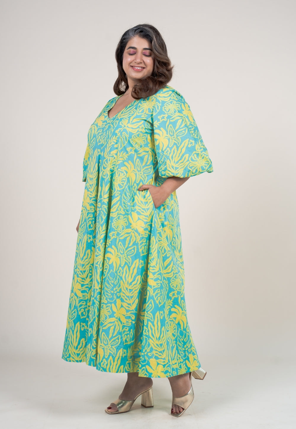 Tanisha Blue Turquoise Printed Cotton A Line Dress