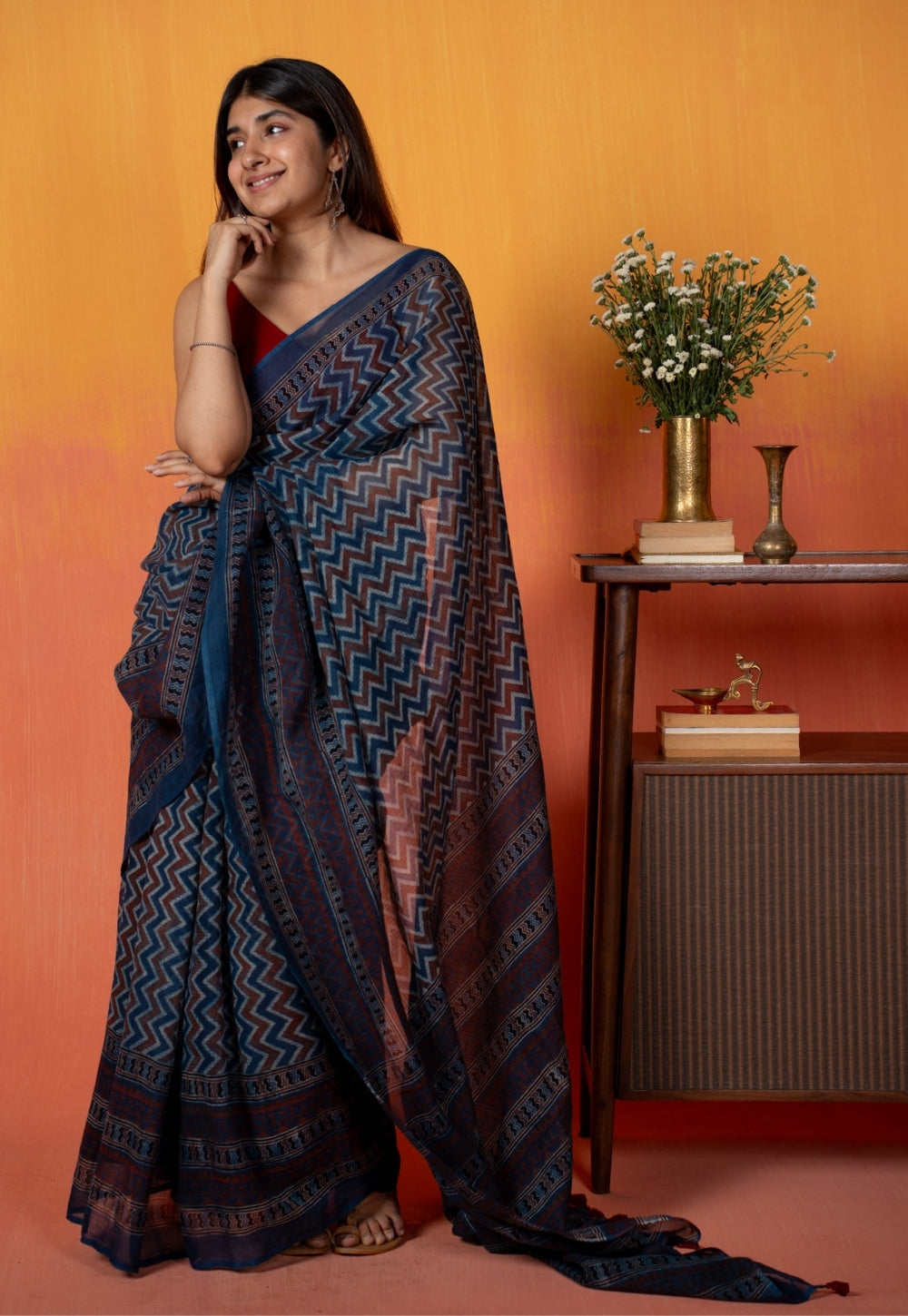 Blue Chevron Ajrakh Hand Block Print Kota Doria Cotton Saree