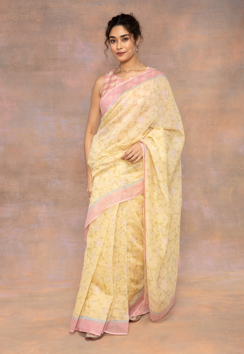 Yellow Sanganeri Hand Block Print Chanderi Silk Saree