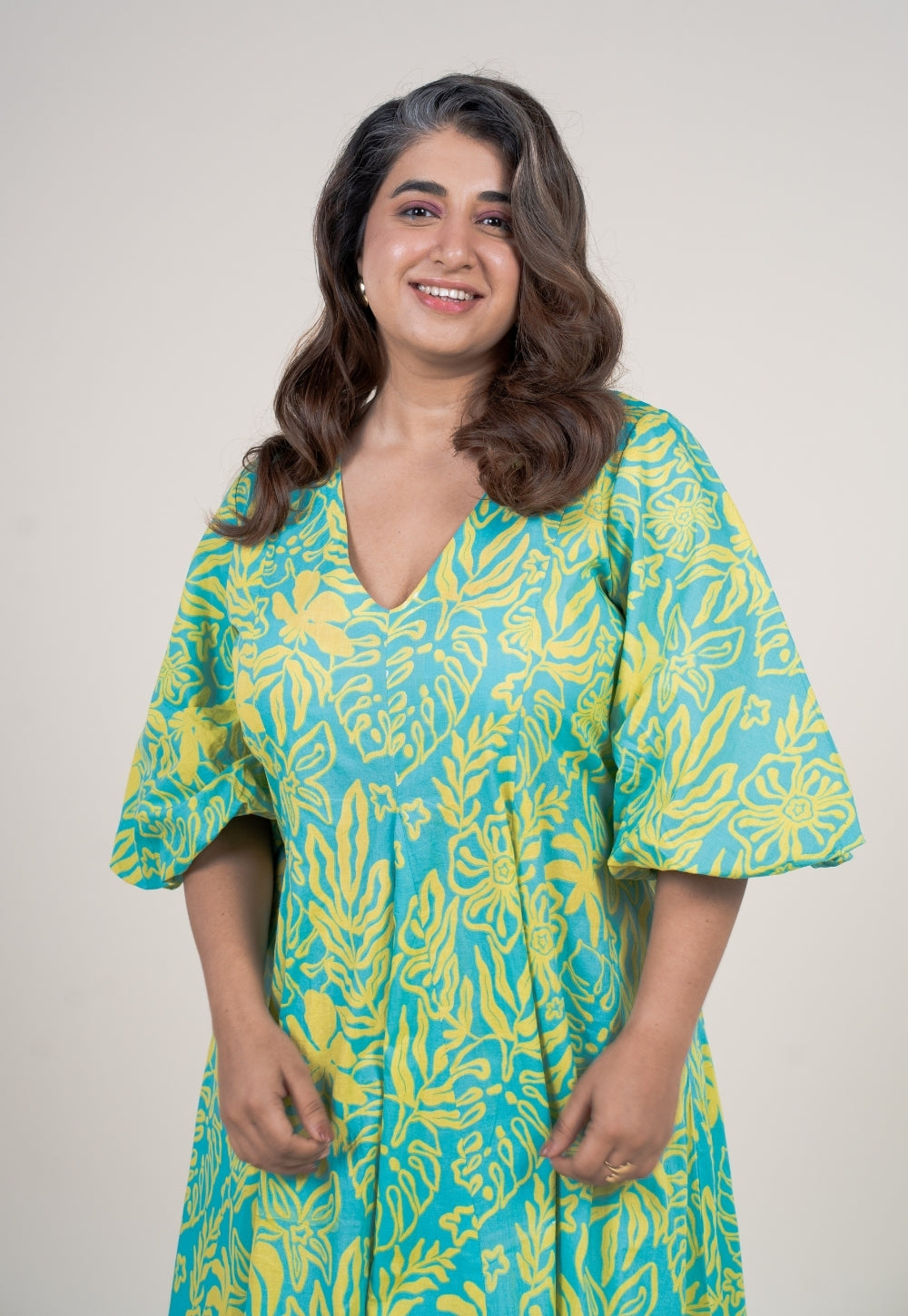 Tanisha Blue Turquoise Printed Cotton A Line Dress