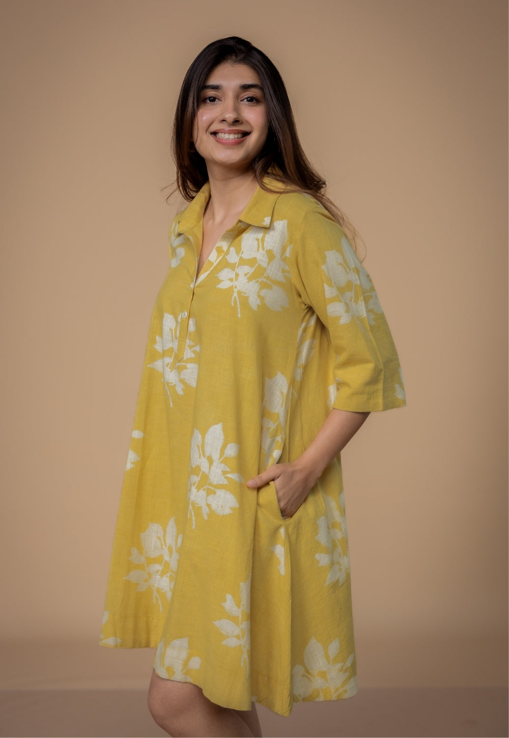 Srisha Yellow Dabu Slub Cotton A Line Dress
