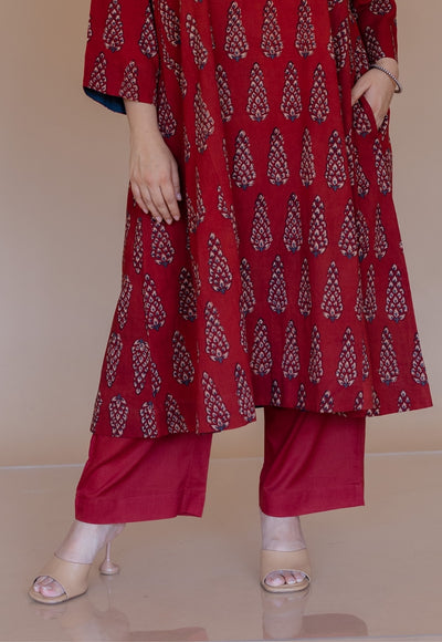 Yami Red Solid Slub Cotton Palazzo