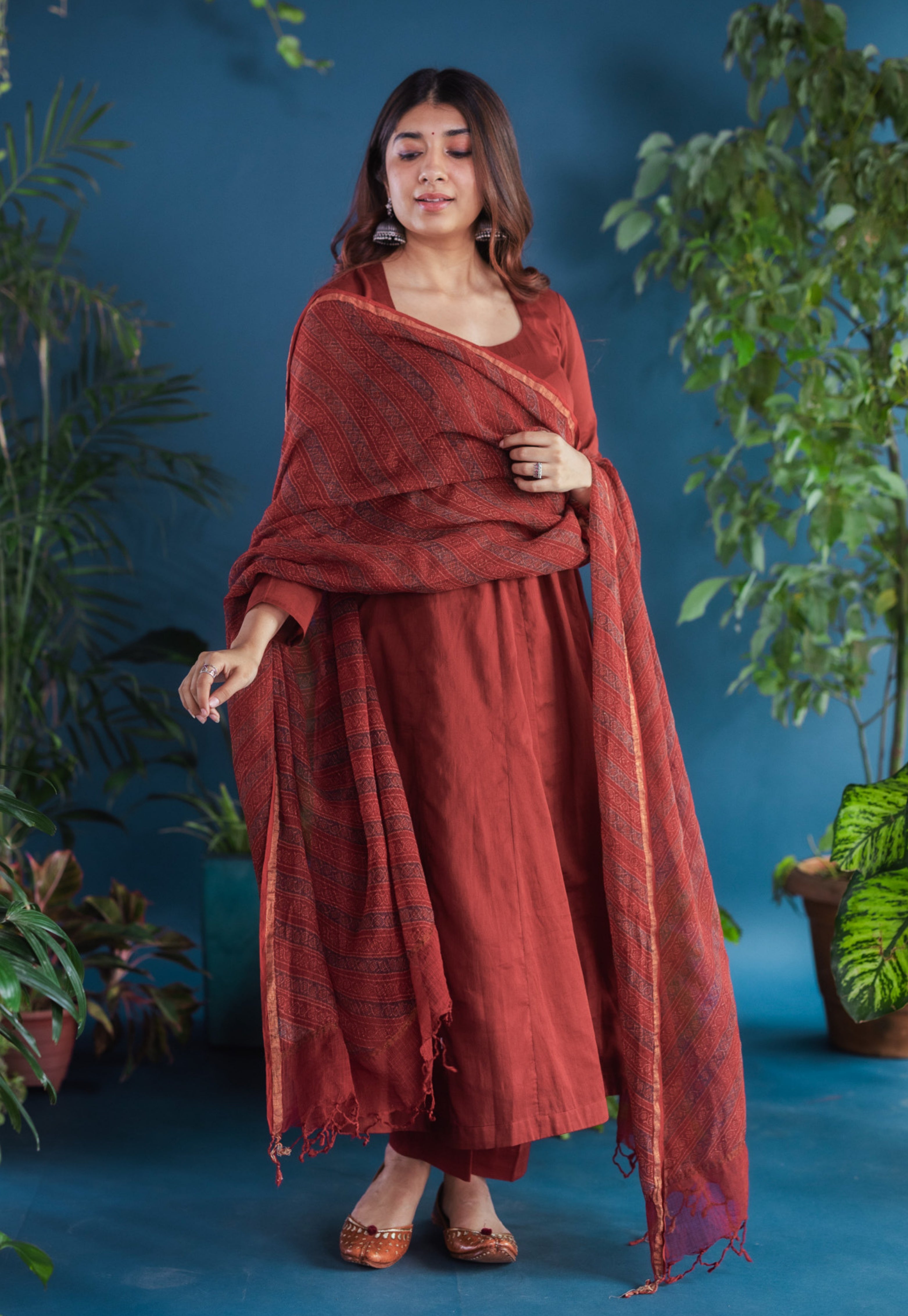 Red Stripes Ajrakh Kota Doria Cotton Dupatta