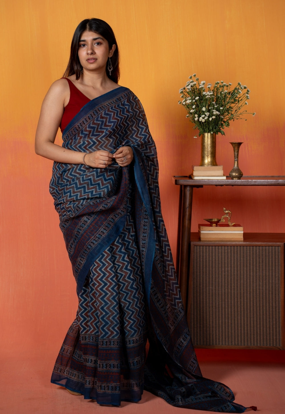 Blue Chevron Ajrakh Hand Block Print Kota Doria Cotton Saree