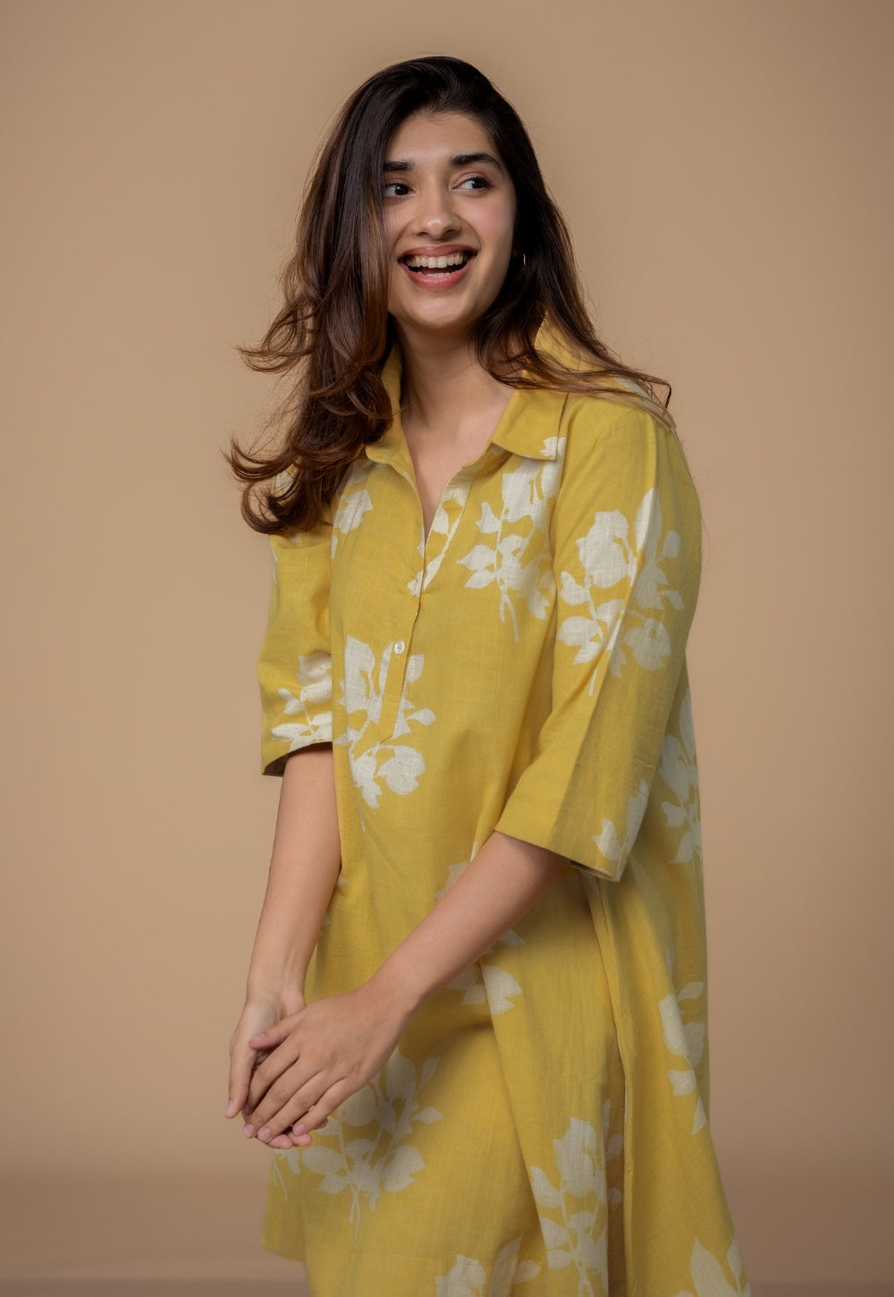 Srisha Yellow Dabu Slub Cotton A Line Dress