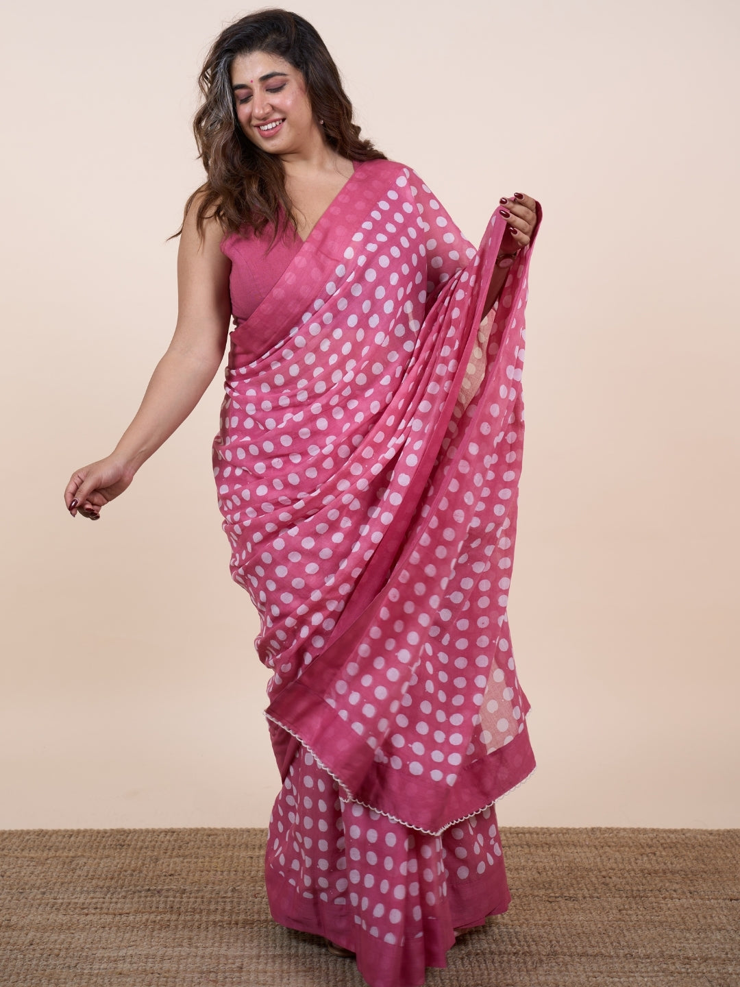 Areeza Pink Batik Hand Block Print Mul Cotton Saree with Embroidery