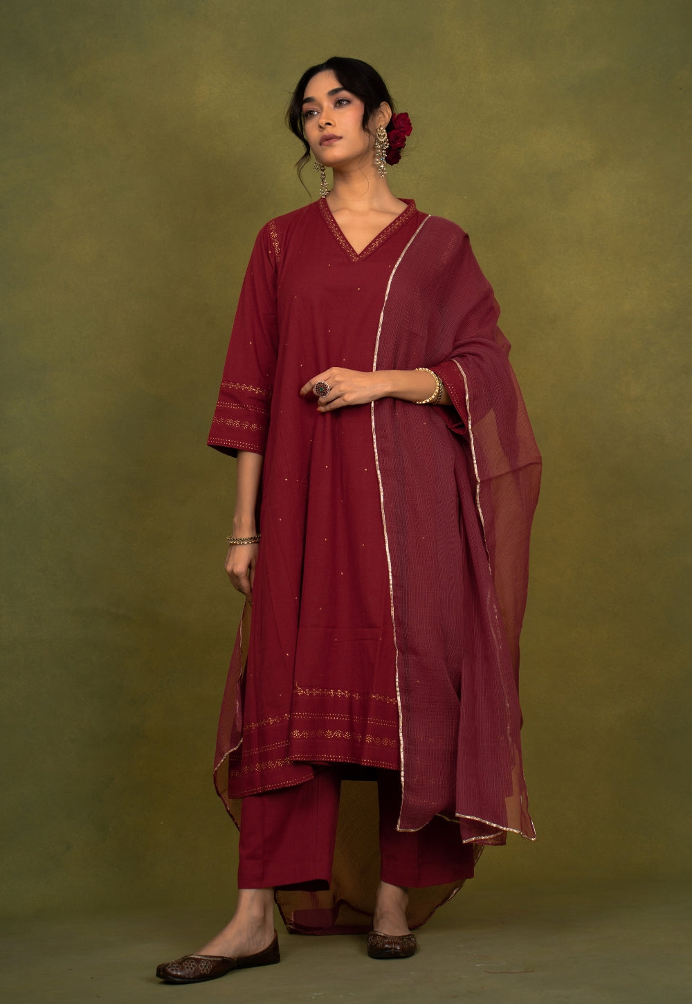 Iqra Red Rogan Handblock Printed Slub Cotton Jhabbha Kali Suit Set (Set of 3)