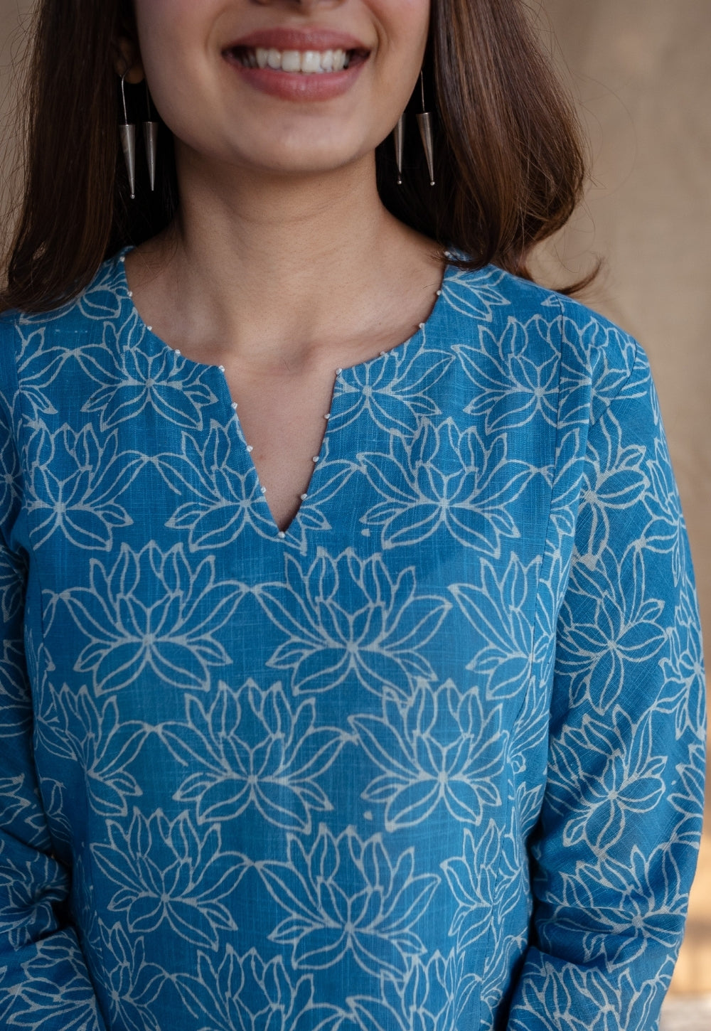 Kaya Blue Kali Dabu Slub Cotton Kurta with Hand Embroidery