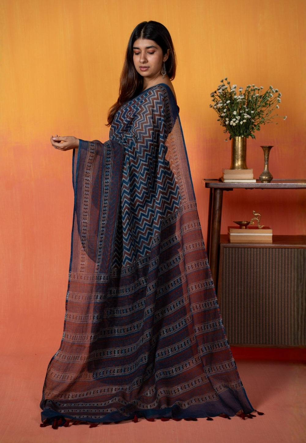 Blue Chevron Ajrakh Hand Block Print Kota Doria Cotton Saree