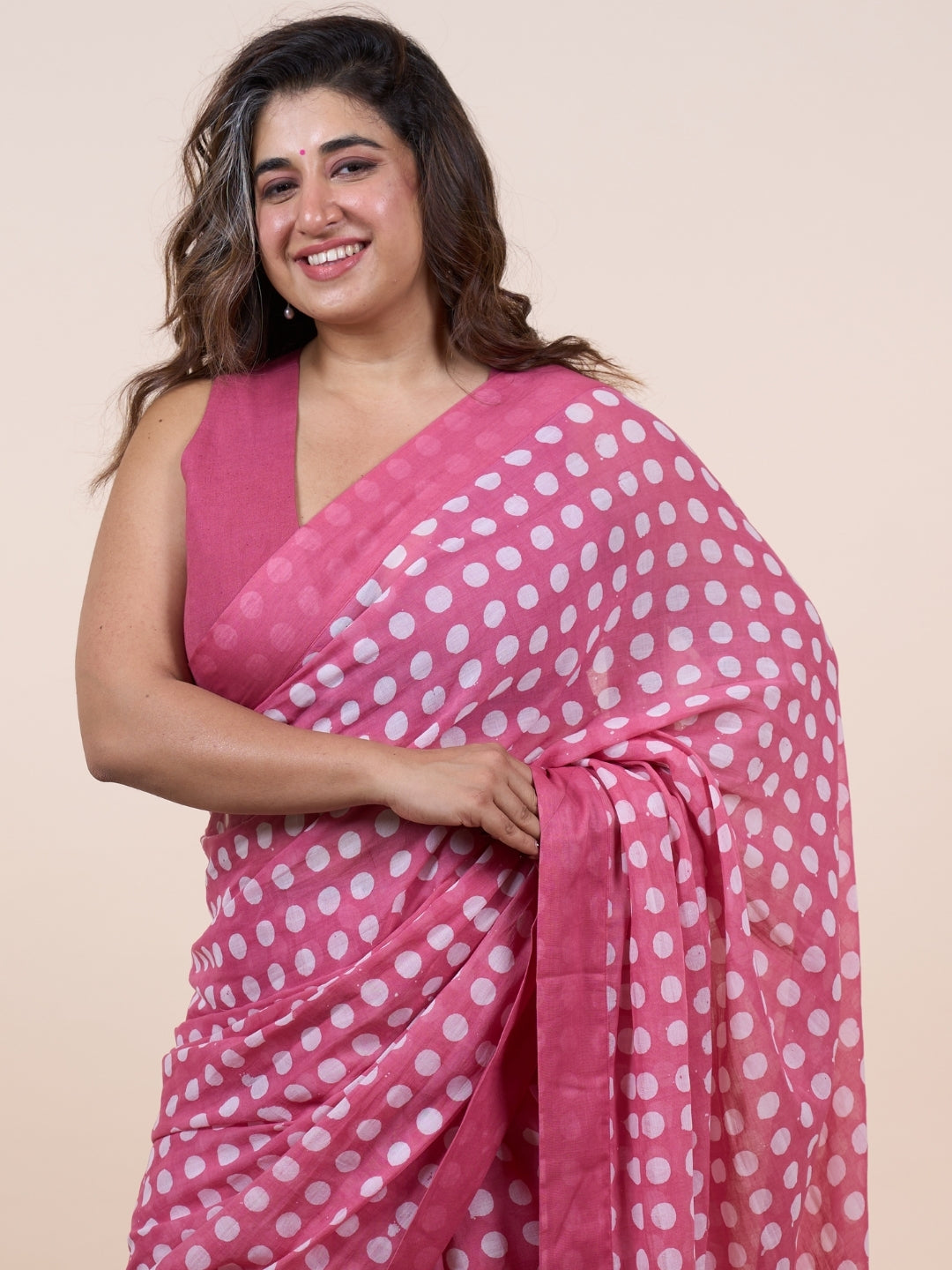 Areeza Pink Batik Hand Block Print Mul Cotton Saree with Embroidery