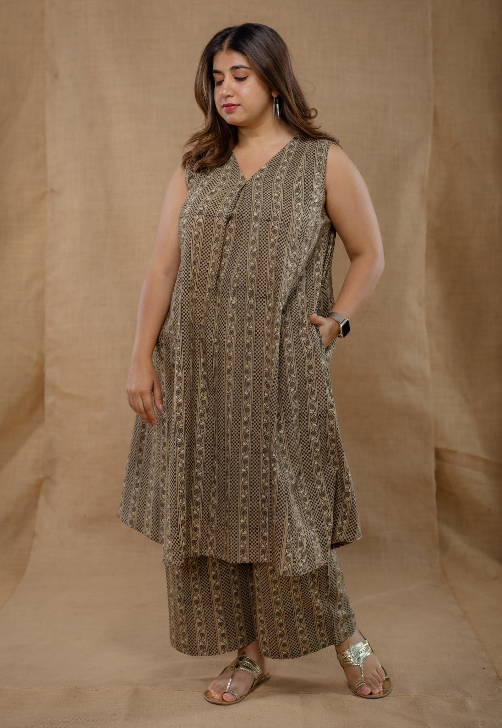 Raahi Grey Ajrakh Cotton A Line Co-Ord Set
