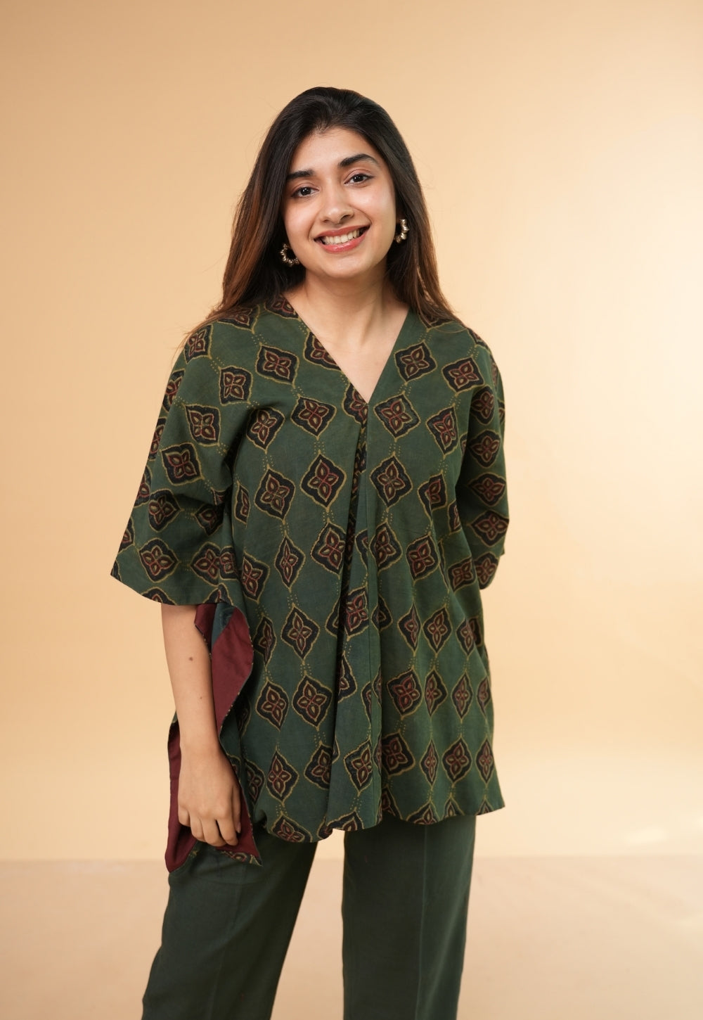 Marya Green Dabu Slub Cotton Kaftan Short Top