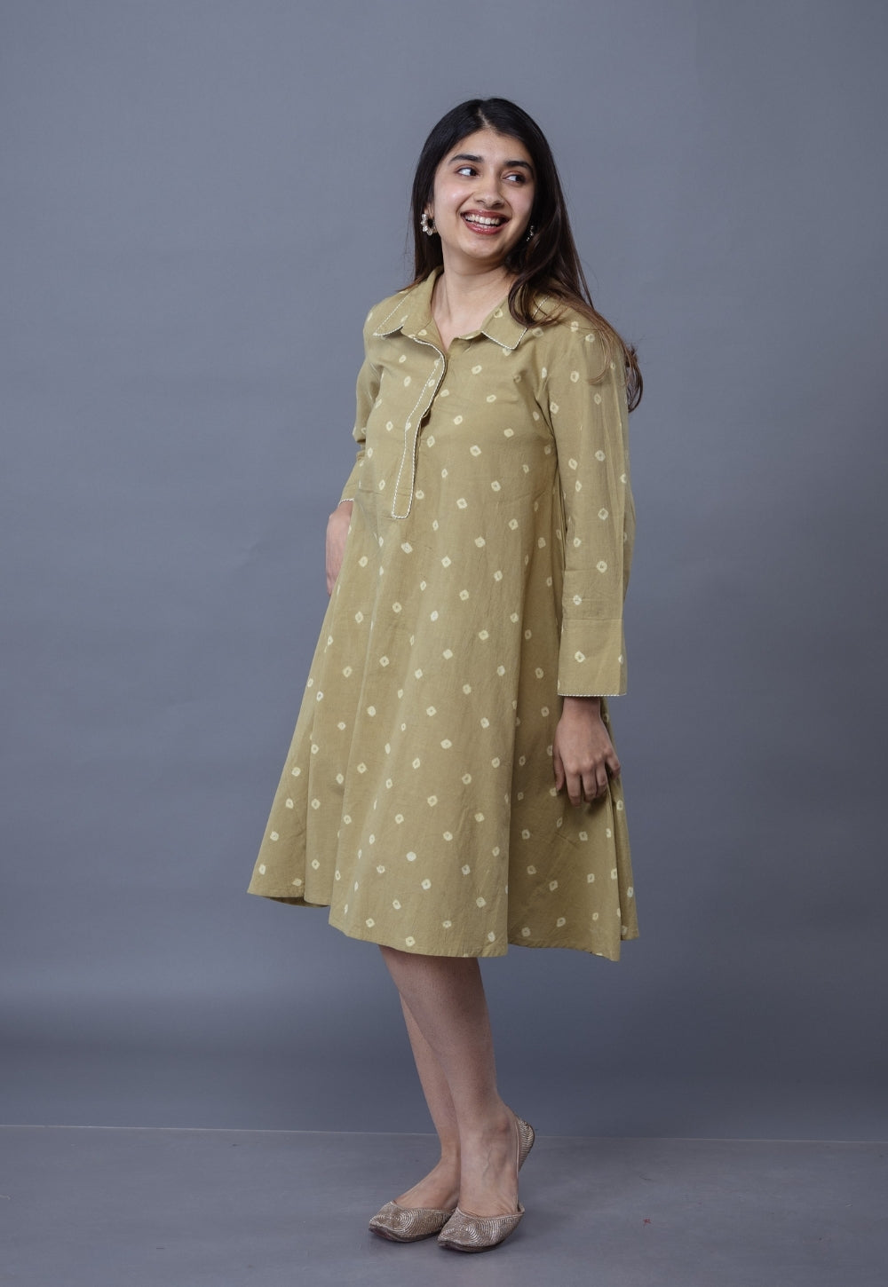 Srisha Green Bandhani Cotton A Line Dress