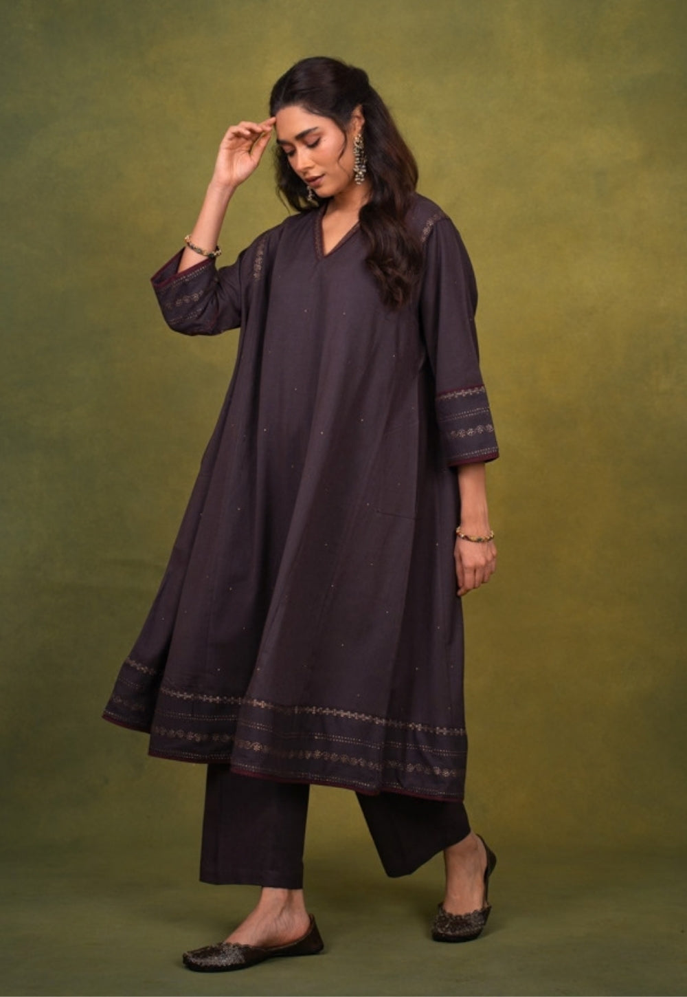 Zohra Aubergine Rogan Handblock Printed Cotton Jhabbha Kali Kurta Suit Set (Set of 3)