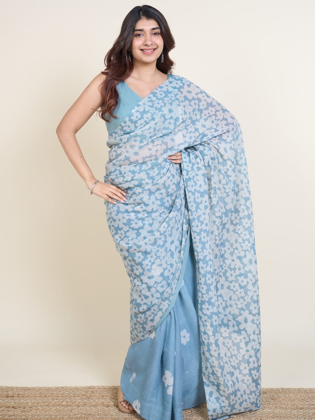 Warisha Blue Batik Hand Block Print Mul Cotton Saree with Embroidery