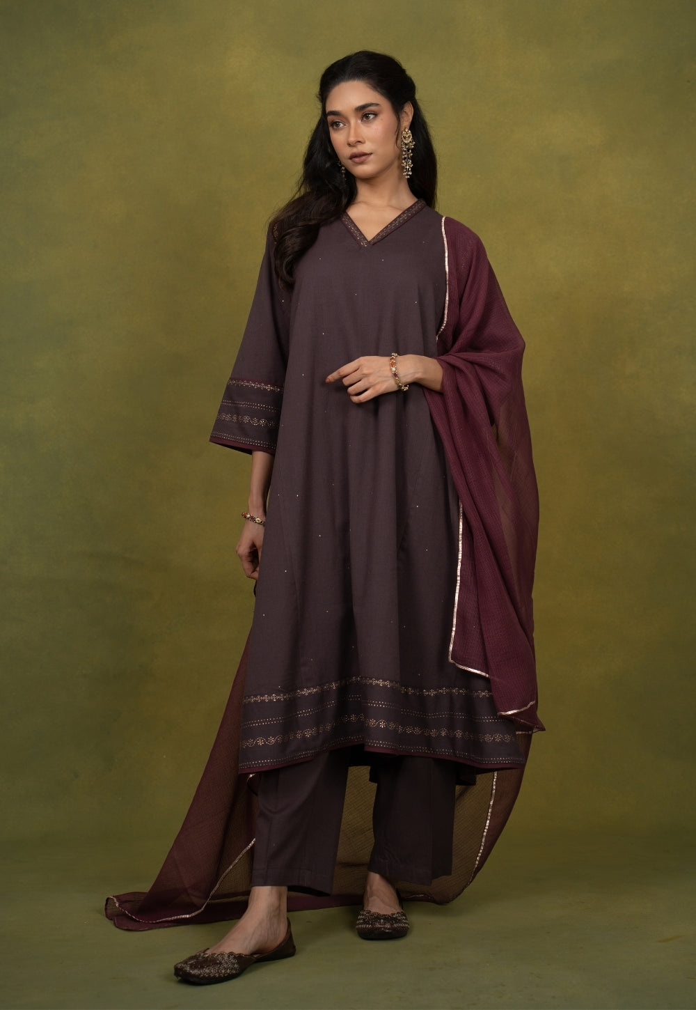 Zohra Aubergine Rogan Handblock Printed Cotton Jhabbha Kali Kurta Suit Set (Set of 3)