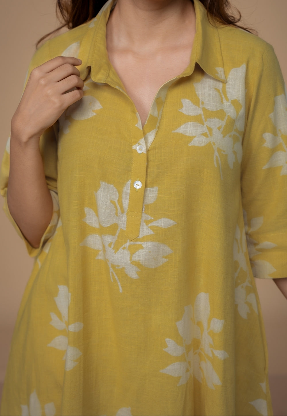 Srisha Yellow Dabu Slub Cotton A Line Dress