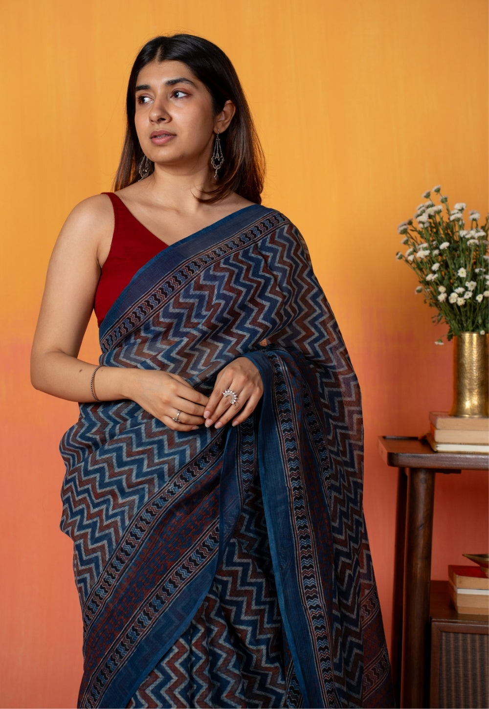 Blue Chevron Ajrakh Hand Block Print Kota Doria Cotton Saree