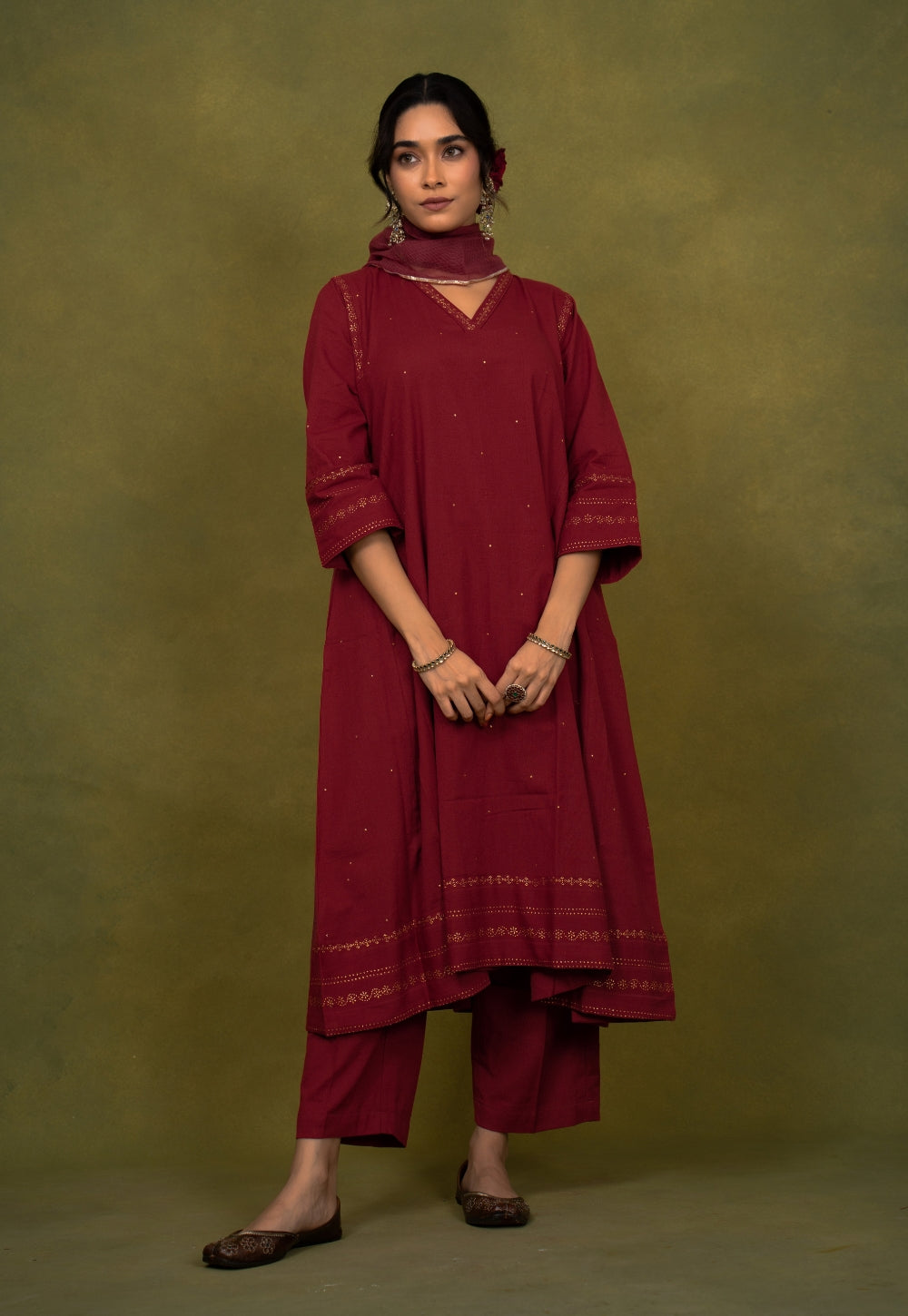 Iqra Red Rogan Handblock Printed Slub Cotton Jhabbha Kali Suit Set (Set of 3)