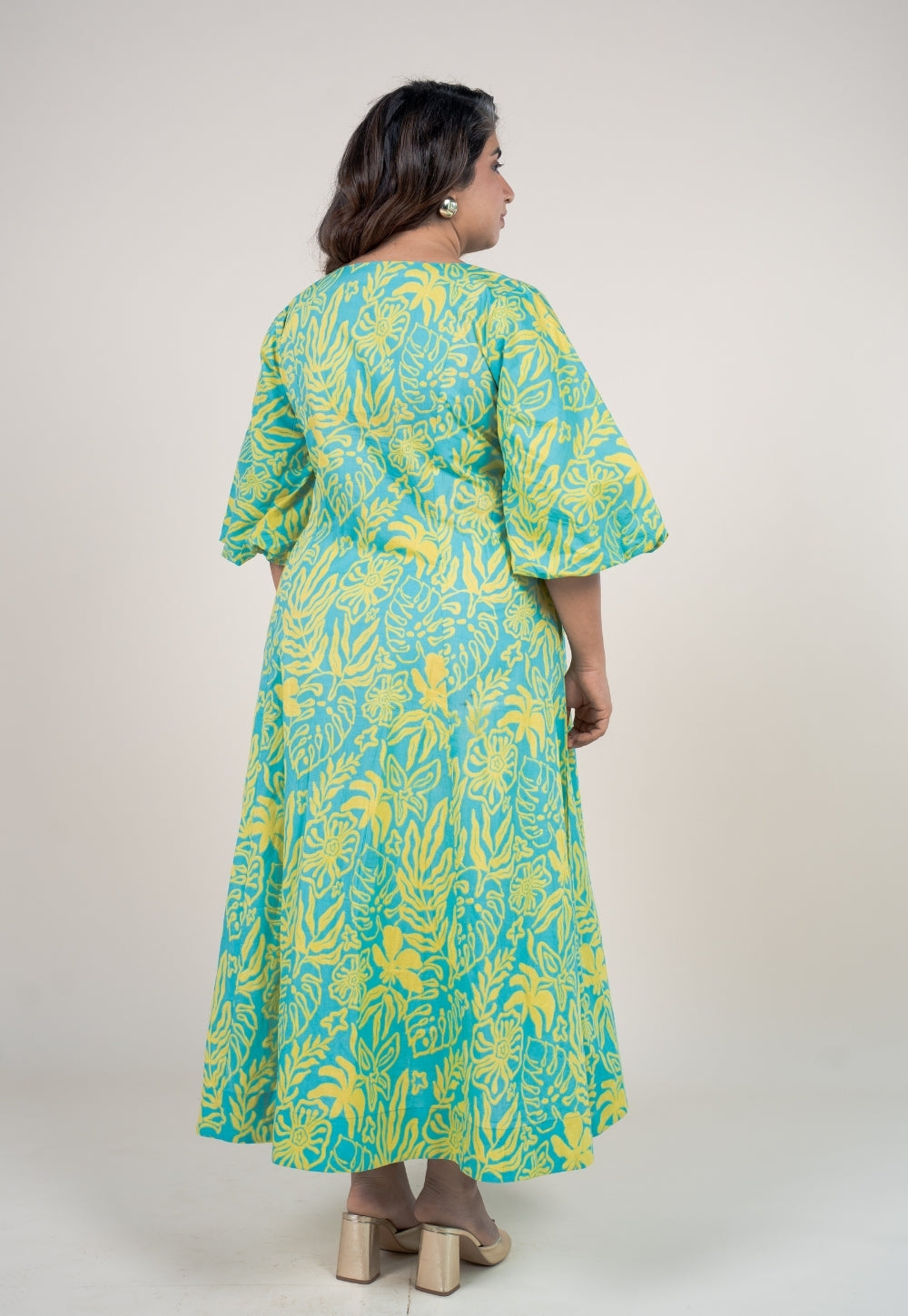 Tanisha Blue Turquoise Printed Cotton A Line Dress