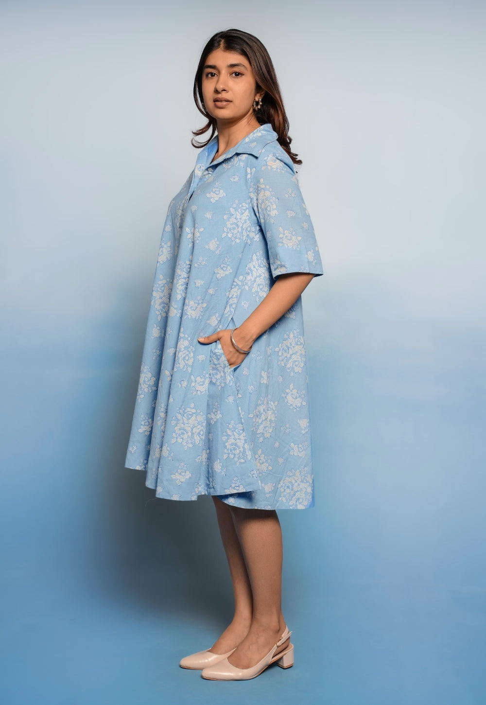 Srisha Blue Dabu Mul Cotton A Line Dress