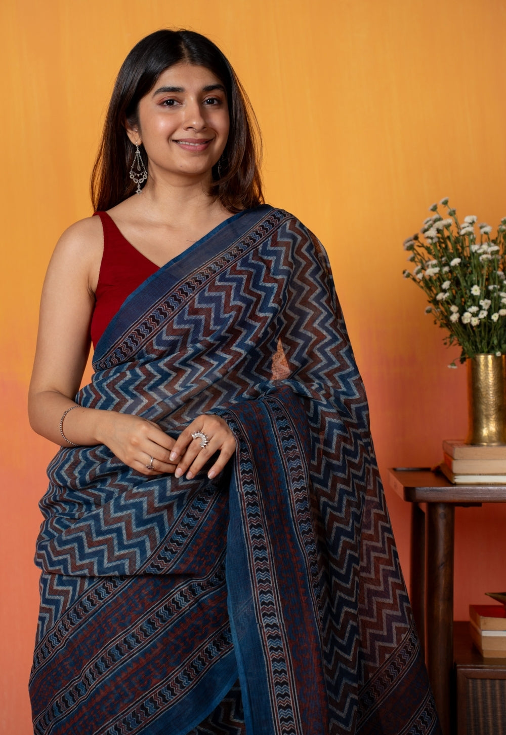 Blue Chevron Ajrakh Hand Block Print Kota Doria Cotton Saree