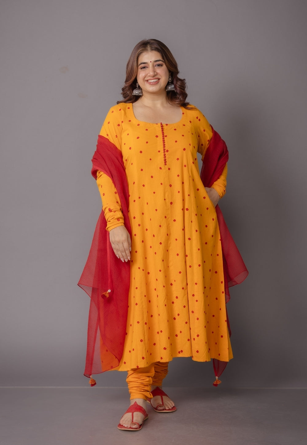Akrita Yellow Bandhani Cotton Kali Suit Set (Set of 3)