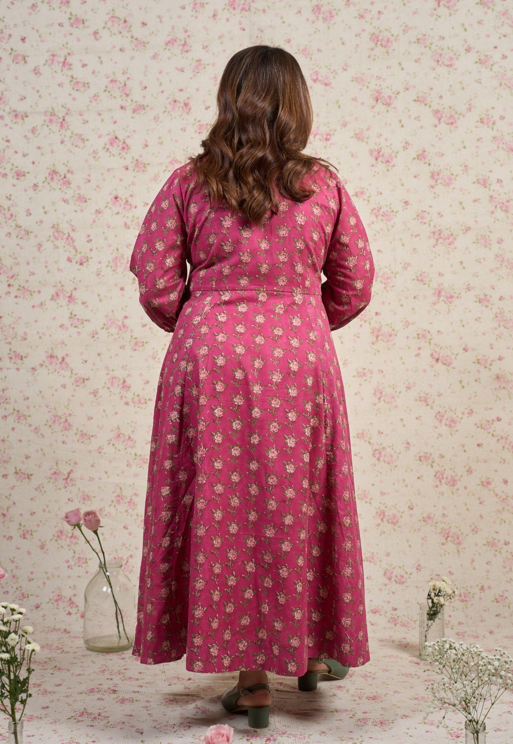 Julia Pink Sanganeri Mul Cotton A Line Dress