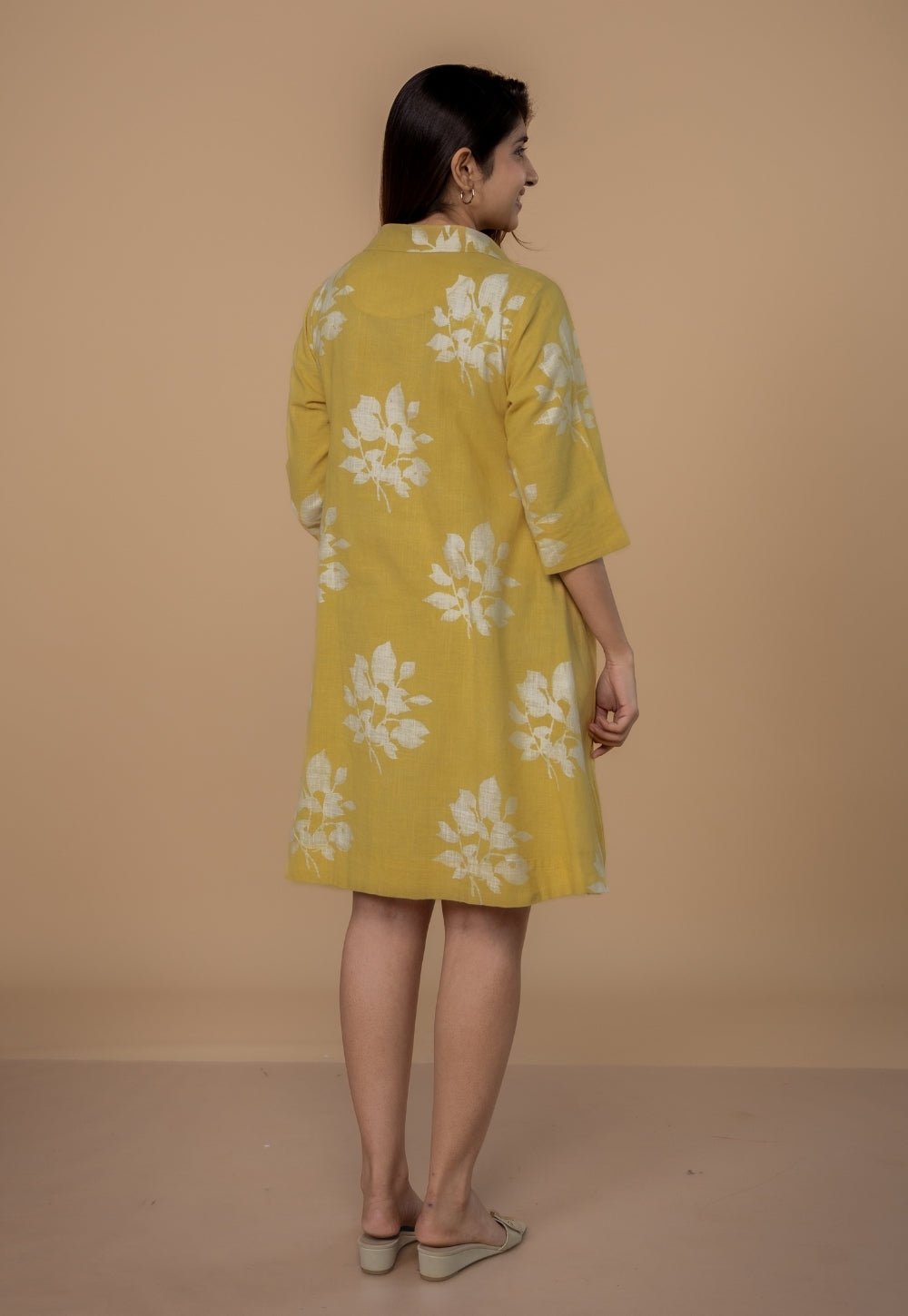 Srisha Yellow Dabu Slub Cotton A Line Dress
