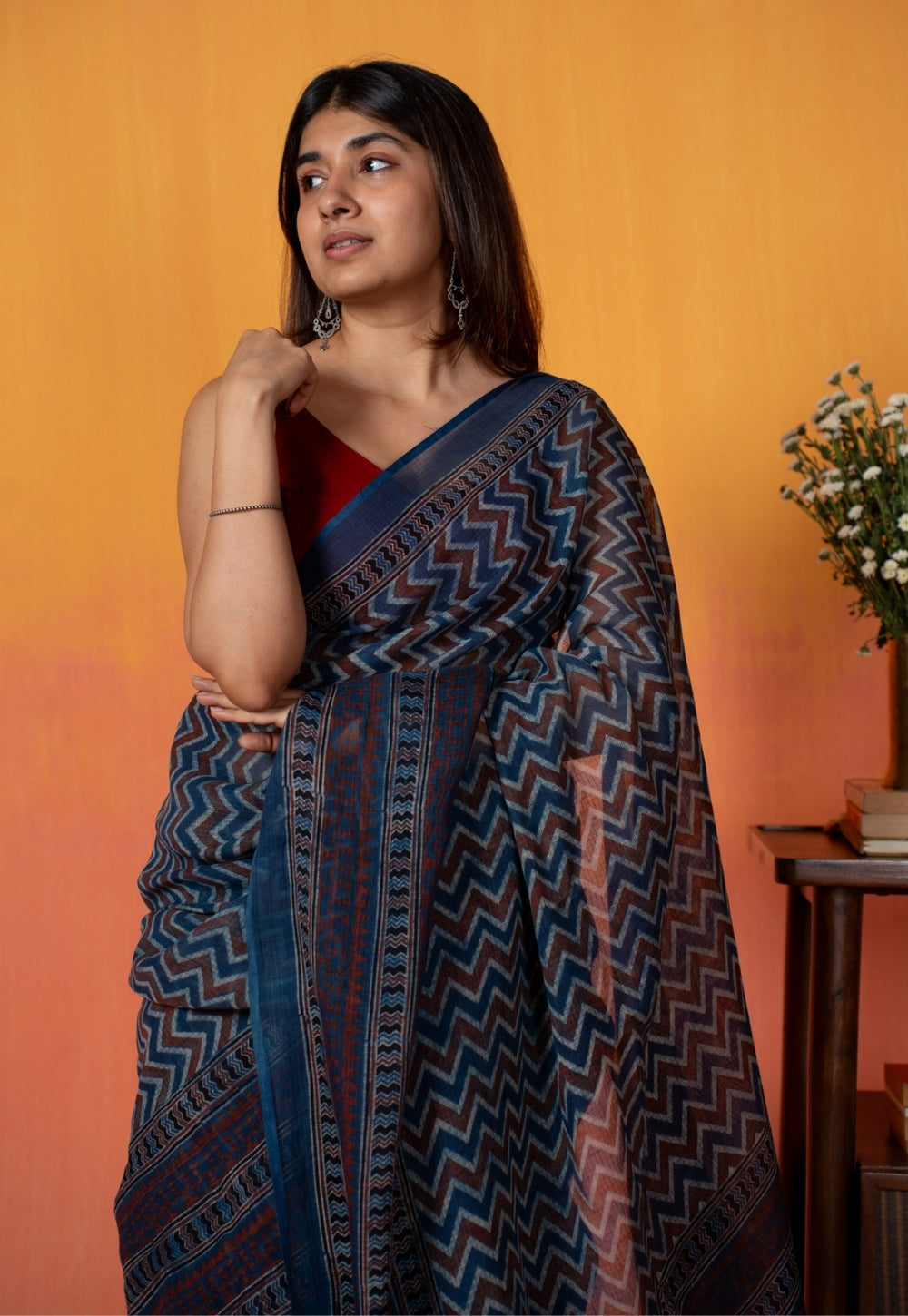 Blue Chevron Ajrakh Hand Block Print Kota Doria Cotton Saree