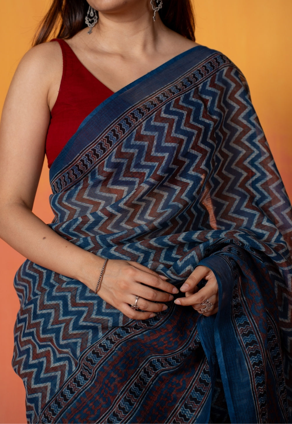 Blue Chevron Ajrakh Hand Block Print Kota Doria Cotton Saree