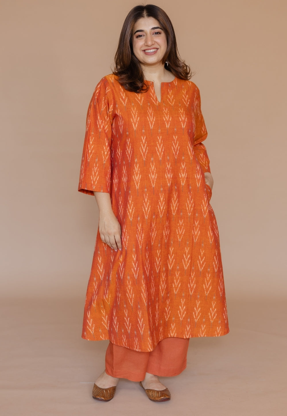 Geet Orange Handloom Ikkat Cotton A Line Kurta Set (Set of 2)