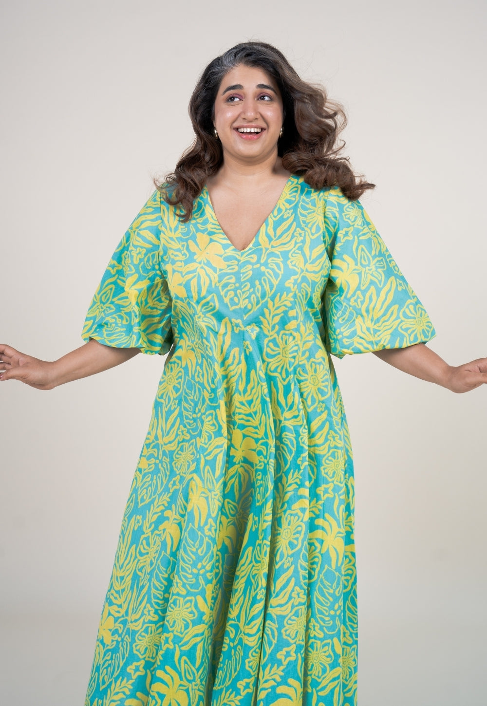 Tanisha Blue Turquoise Printed Cotton A Line Dress