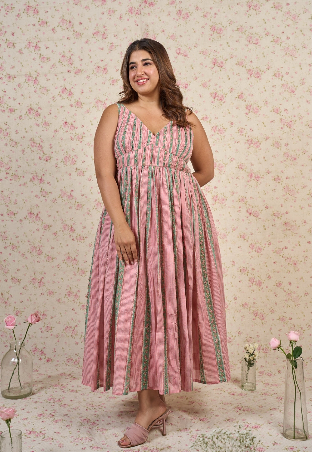 Emily Pink Sanganeri Mul Cotton A Line Dress