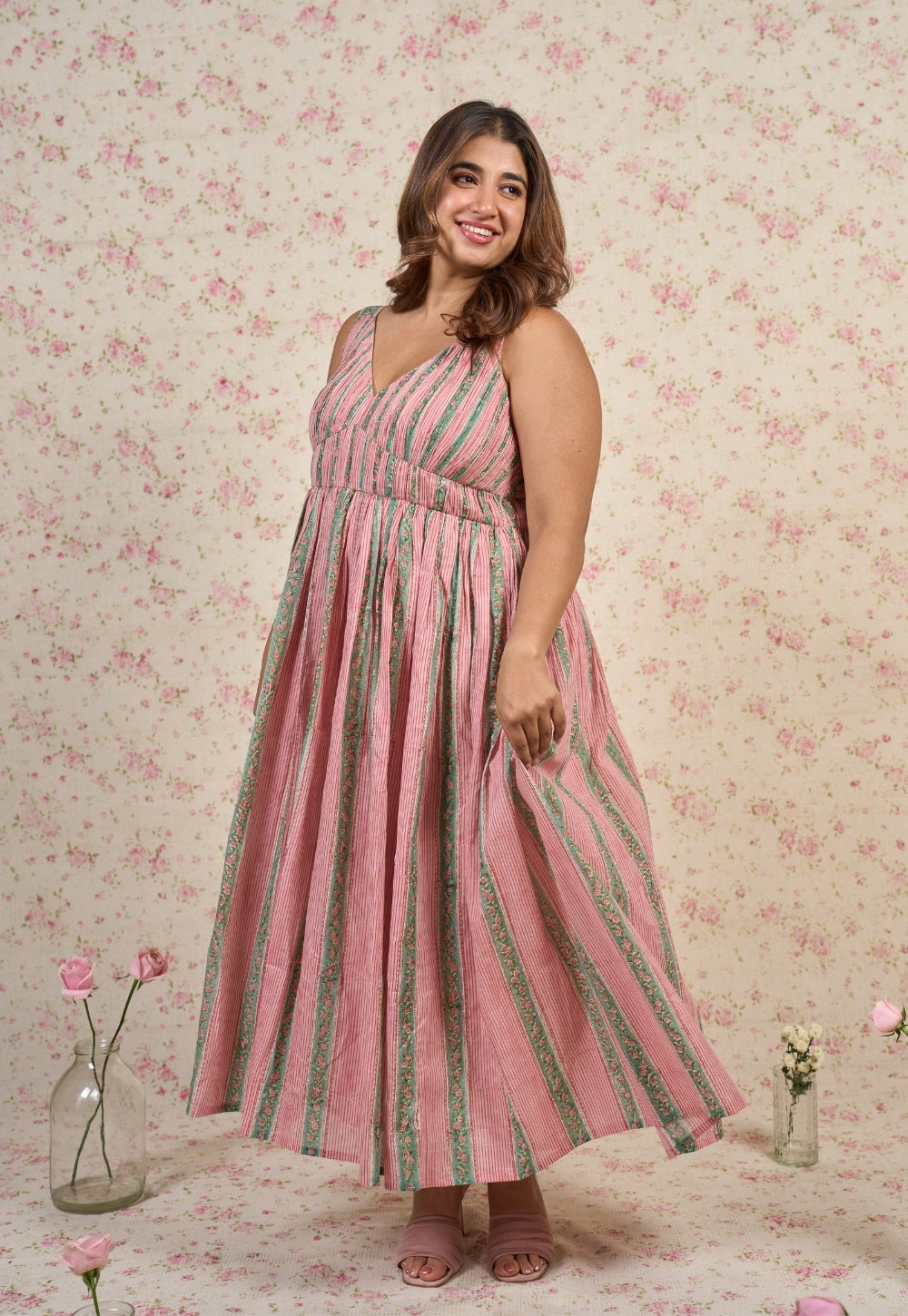 Emily Pink Sanganeri Mul Cotton A Line Dress