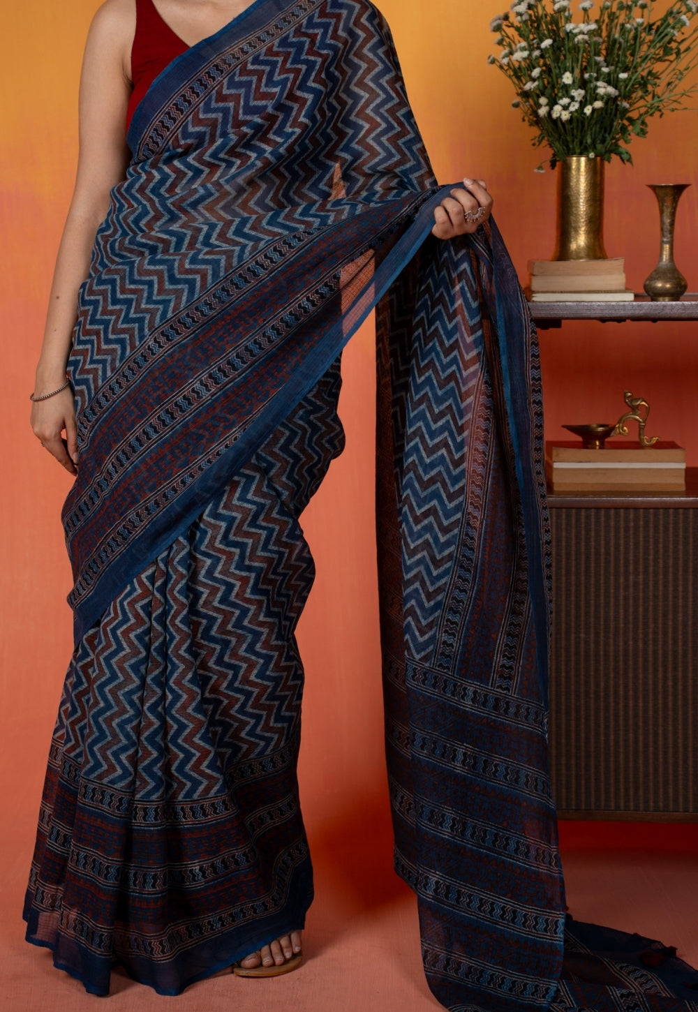 Blue Chevron Ajrakh Hand Block Print Kota Doria Cotton Saree