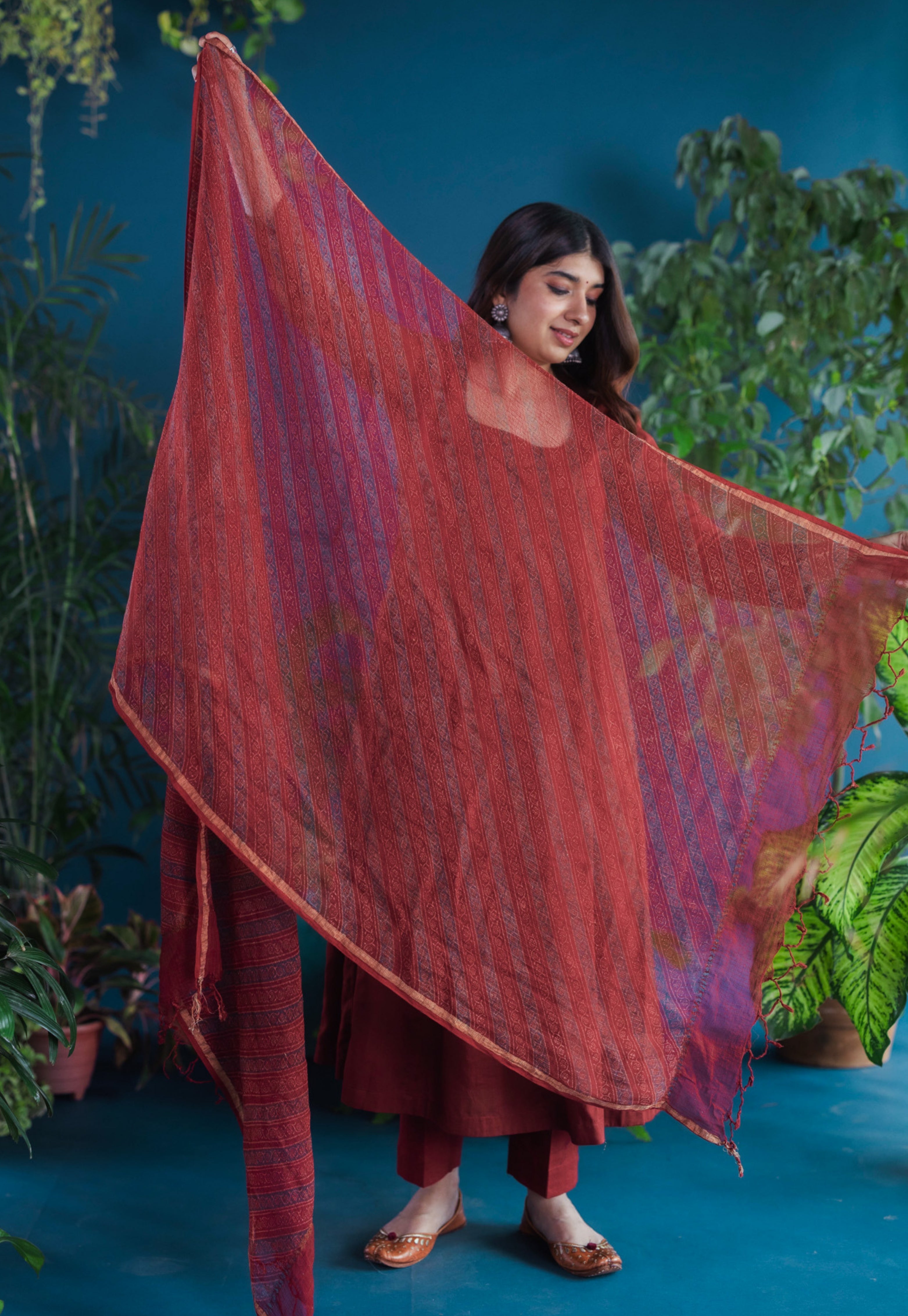 Red Stripes Ajrakh Kota Doria Cotton Dupatta