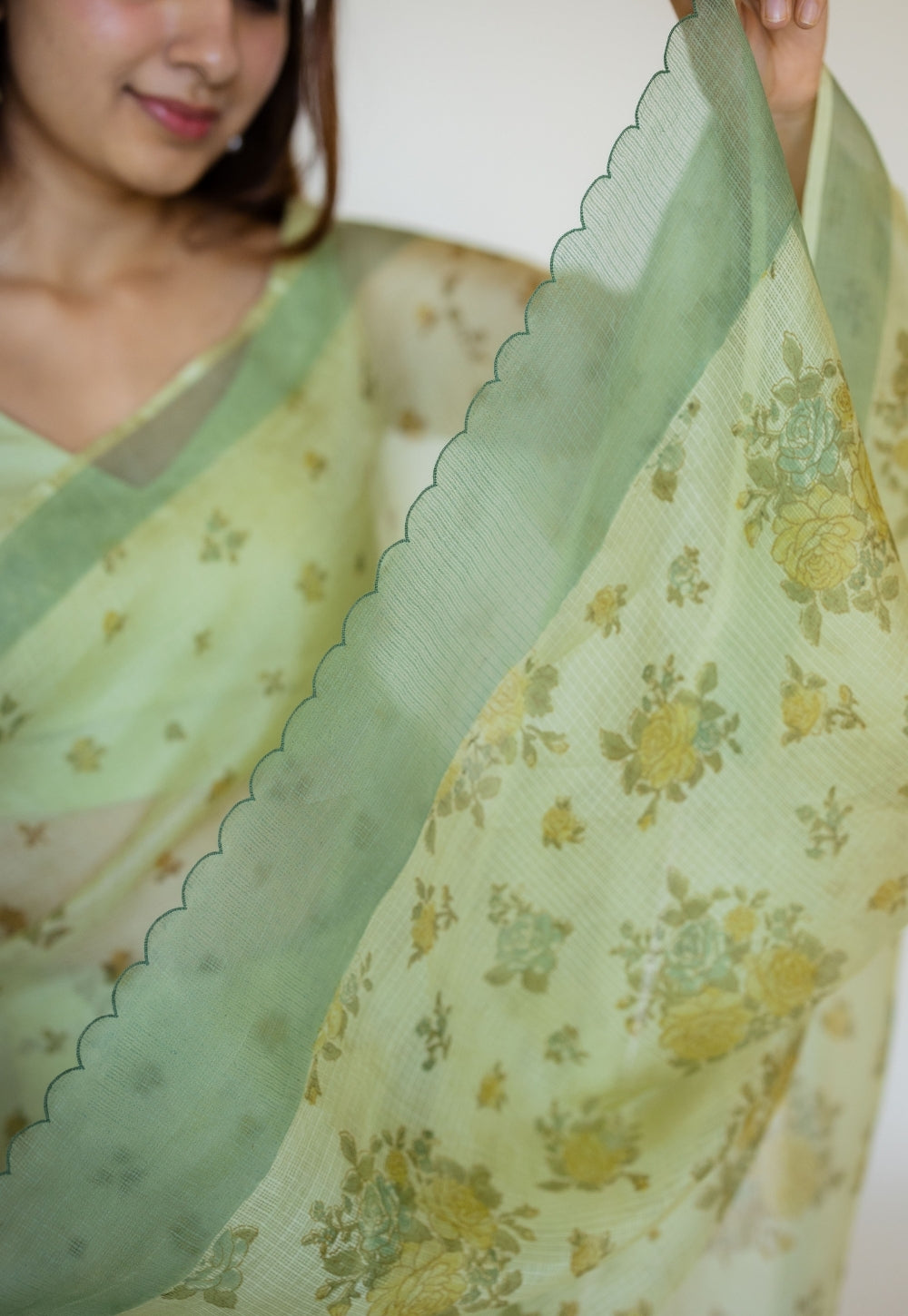 Green Sanganeri Hand Block Print Kota Doria Silk Saree