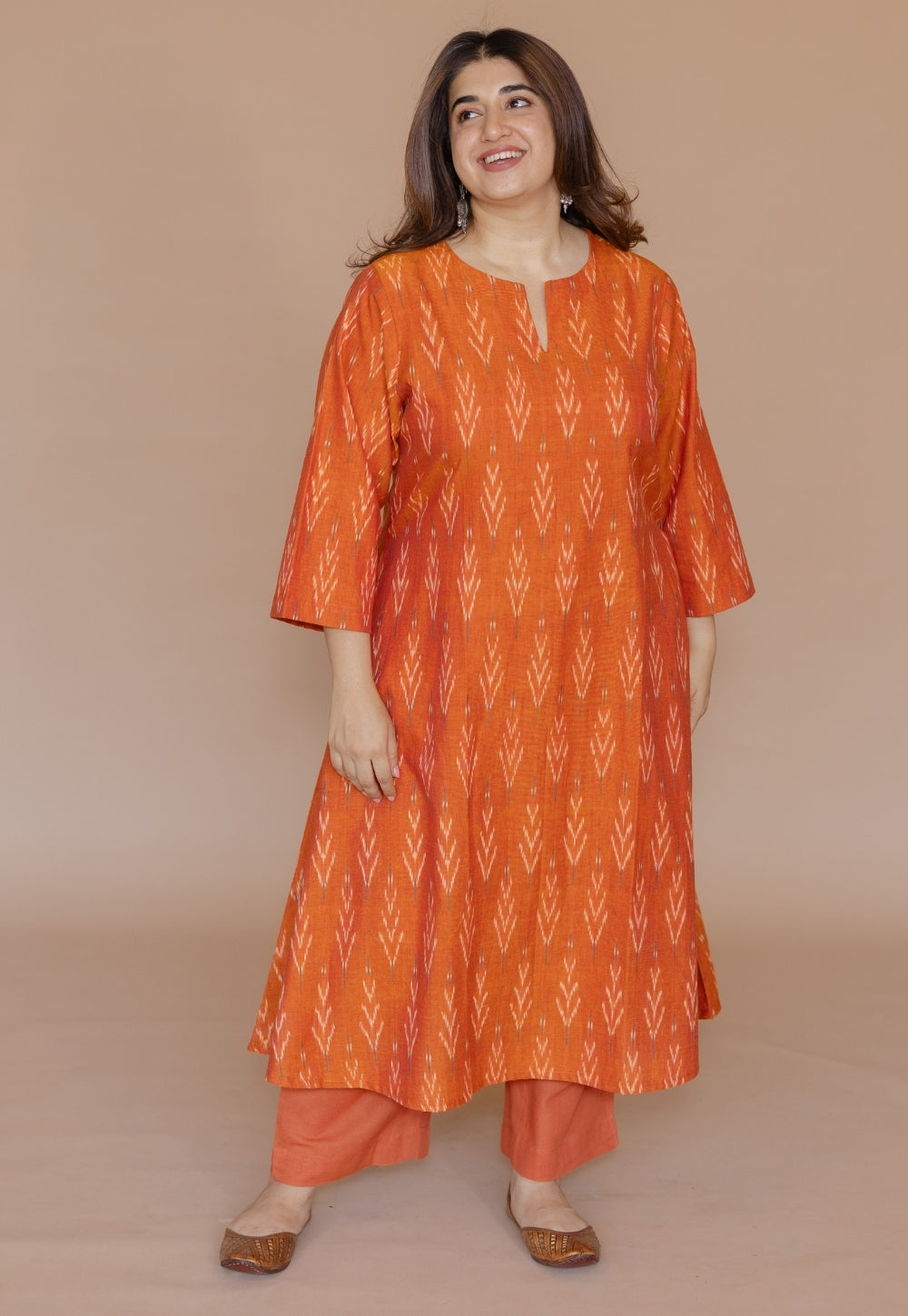 Geet Orange Handloom Ikkat Cotton A Line Kurta Set (Set of 2)